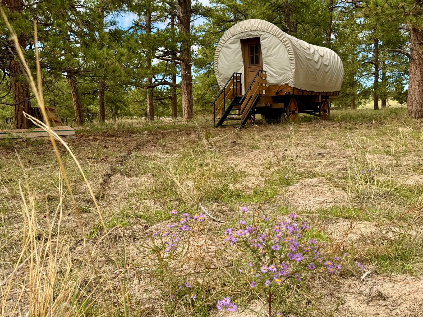 Real exterior photo of the first Colorado Glamping Conestoga wagon at Raison d’Être Ranch